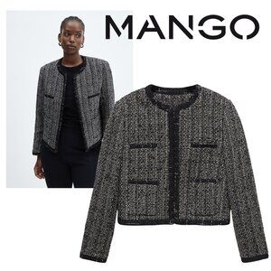 MANGO Sparkle Bead Trim Tweed Career Jacket Blazer PLUS SIZE 3X 4X Blk NEW $150